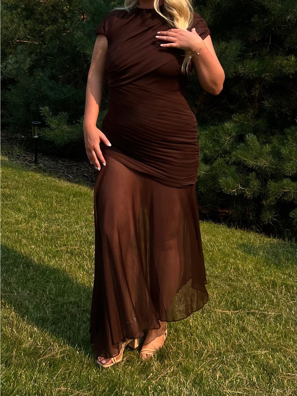 Azazie Brown Sheer Ruched Asymmetrical Dress
